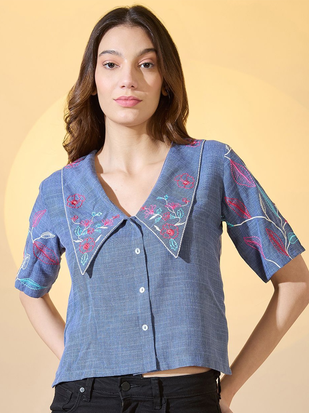 

DressBerry Women Modern Peter Pan Collar Floral Printed Casual Shirt, Blue