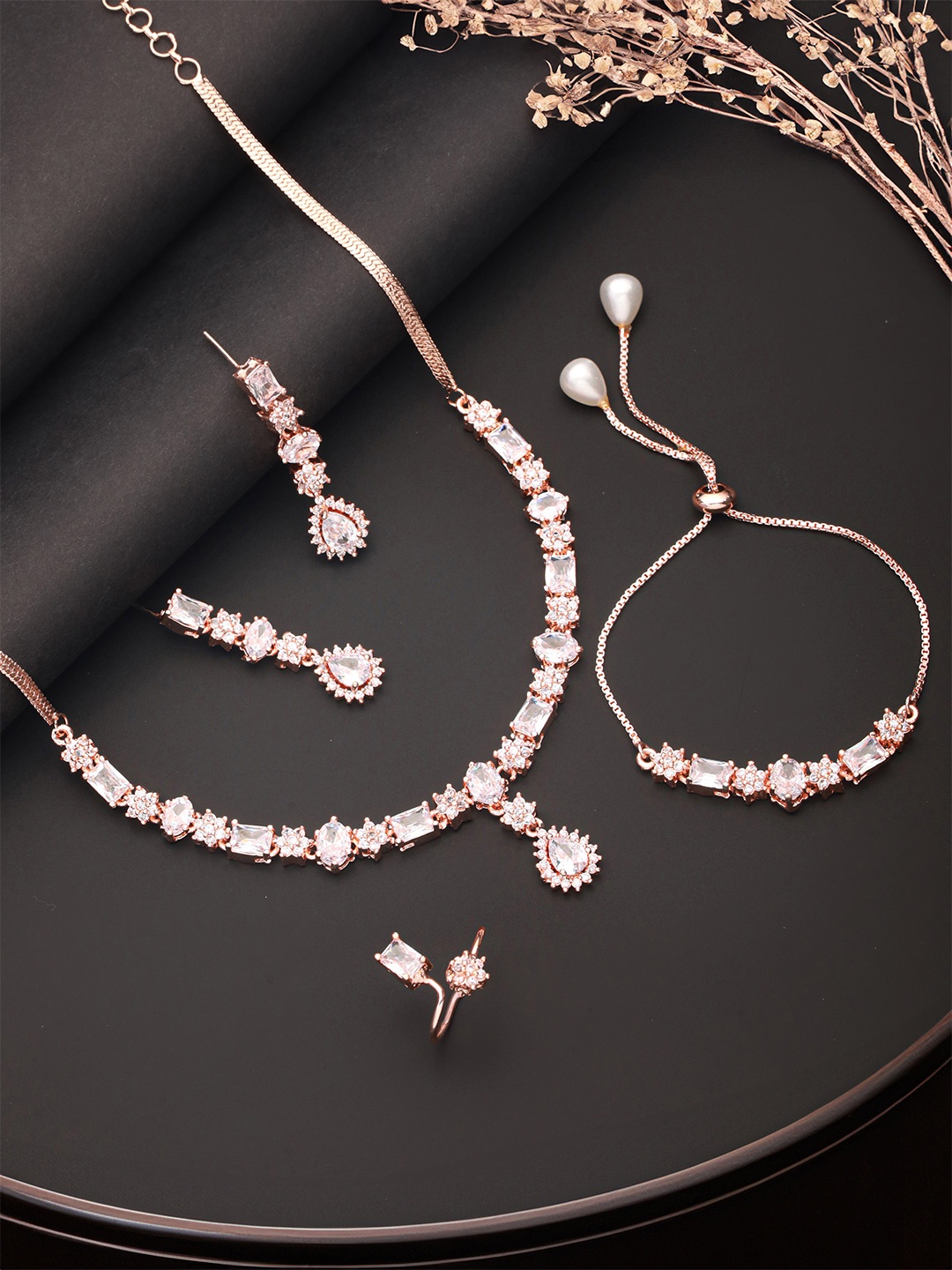 

Saraf RS Jewellery Rose-Gold Plated American Diamond Stone Studded Jewellery Set