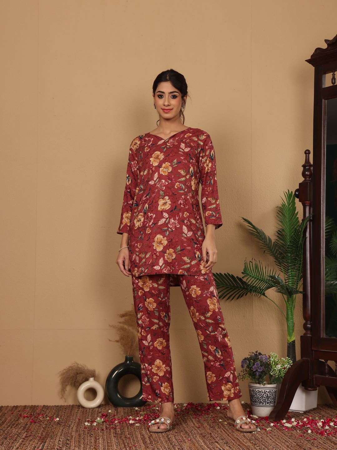 

Varanga Floral Printed V Neck Tunic With Trouser Co Ords, Rust