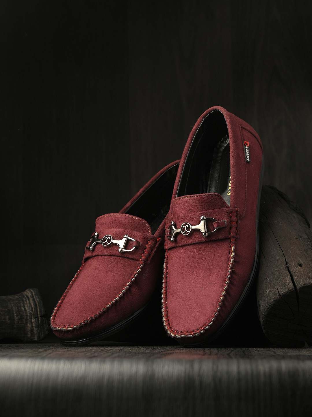 

AARAVIN'S Men Colourblocked Suede Slip On Round Toe Loafers, Maroon