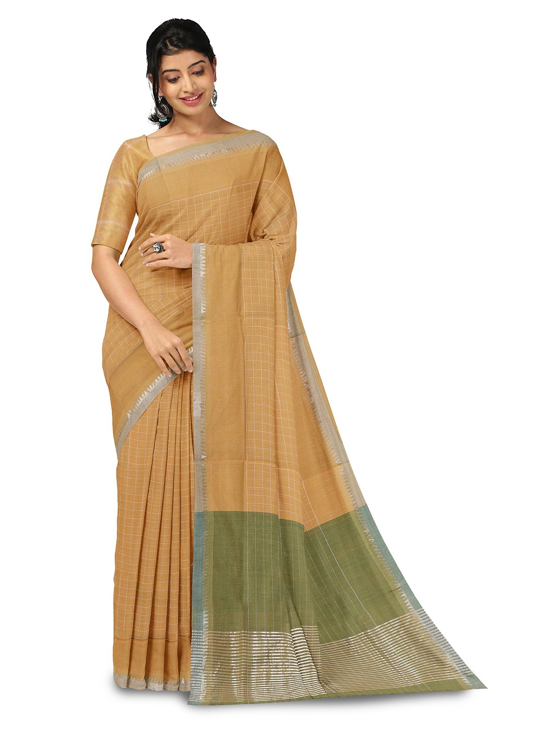 

APCO Checked Zari Pure Cotton Saree, Tan