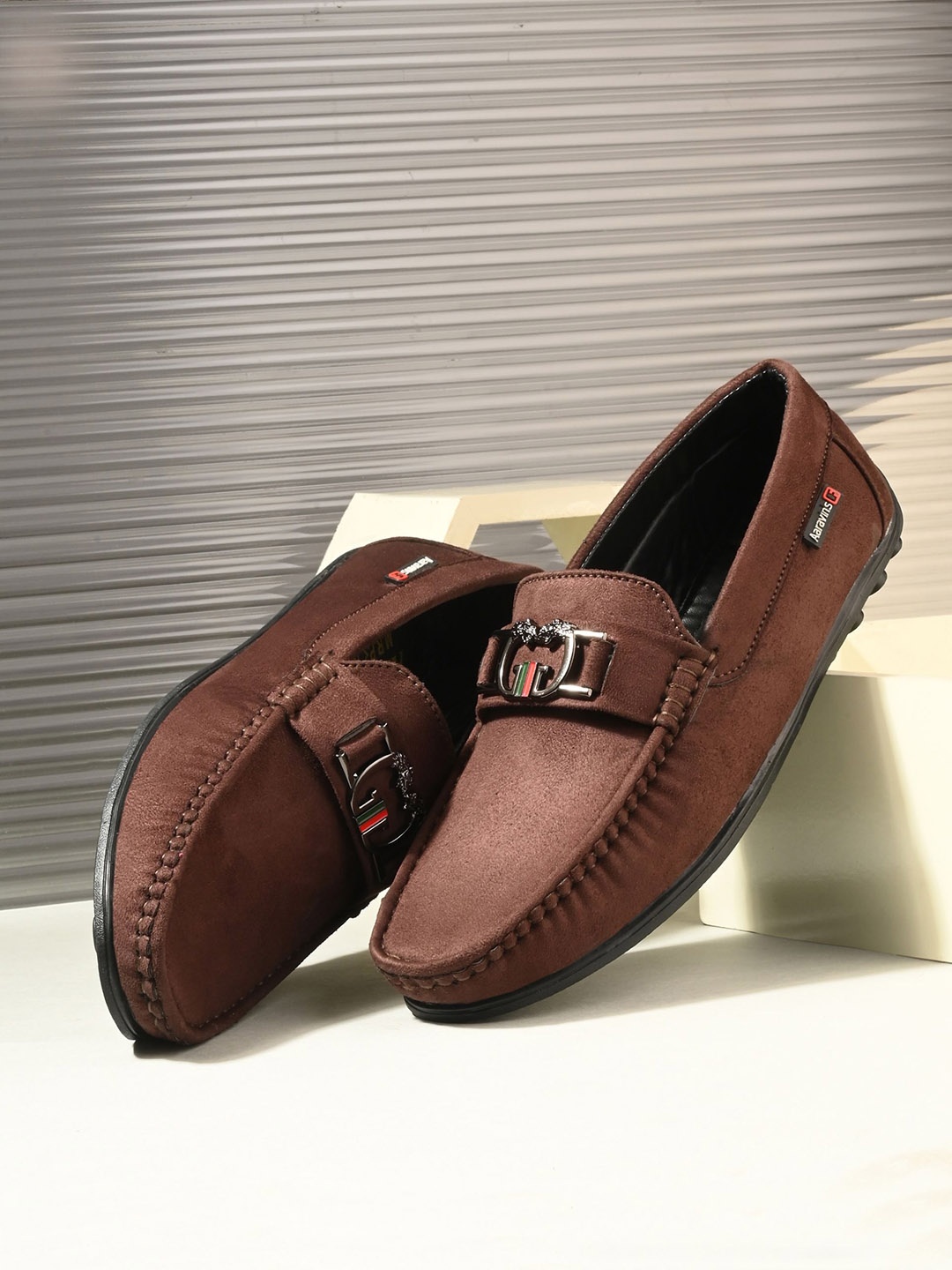 

AARAVIN'S Men Solid Suede Slip On Square Toe Buckles Loafers, Brown
