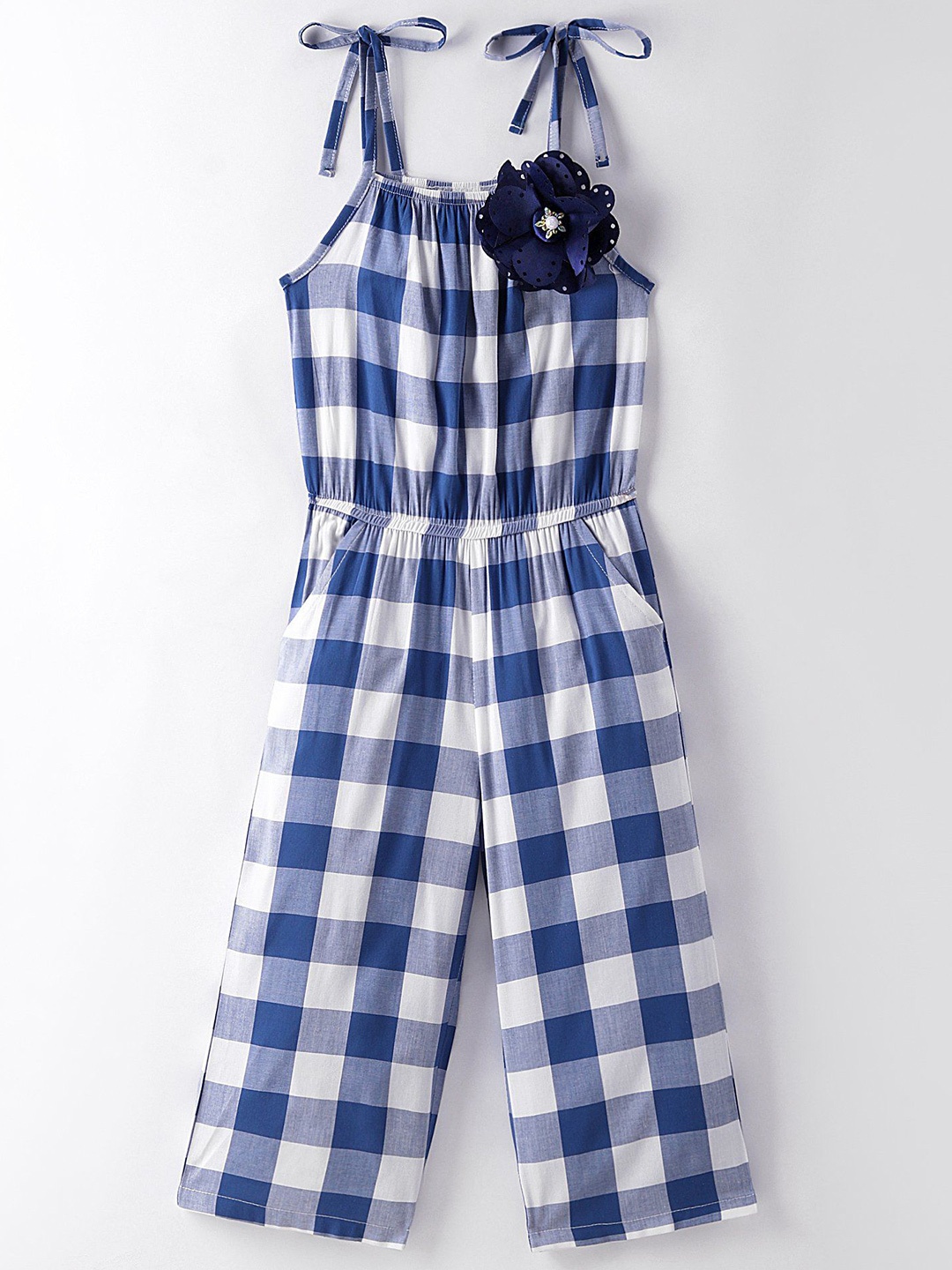 

CrayonFlakes Girls Checkered Printed Shoulder Straps Basic Jumpsuit, Blue