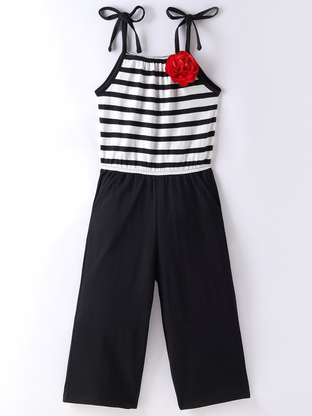 

CrayonFlakes Girls Striped Shoulder Sleeveless Basic Jumpsuit, Black