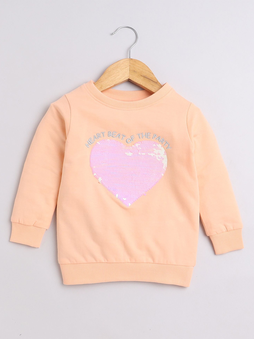 

BUMZEE Girls Graphic Printed Sequined Sweatshirt, Peach