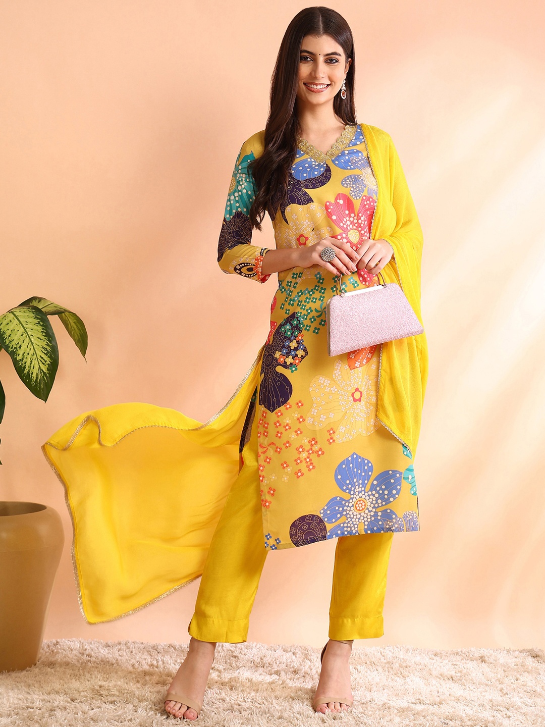

KALINI Floral Printed V-Neck Straight Kurta With Trousers & Dupatta, Yellow