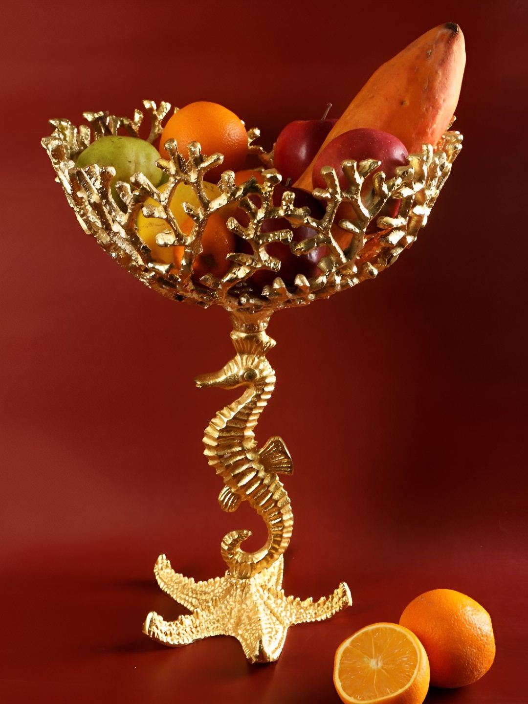 

THE HOME CO. C Gold Toned oral Design Bowl With Sea Horse Base