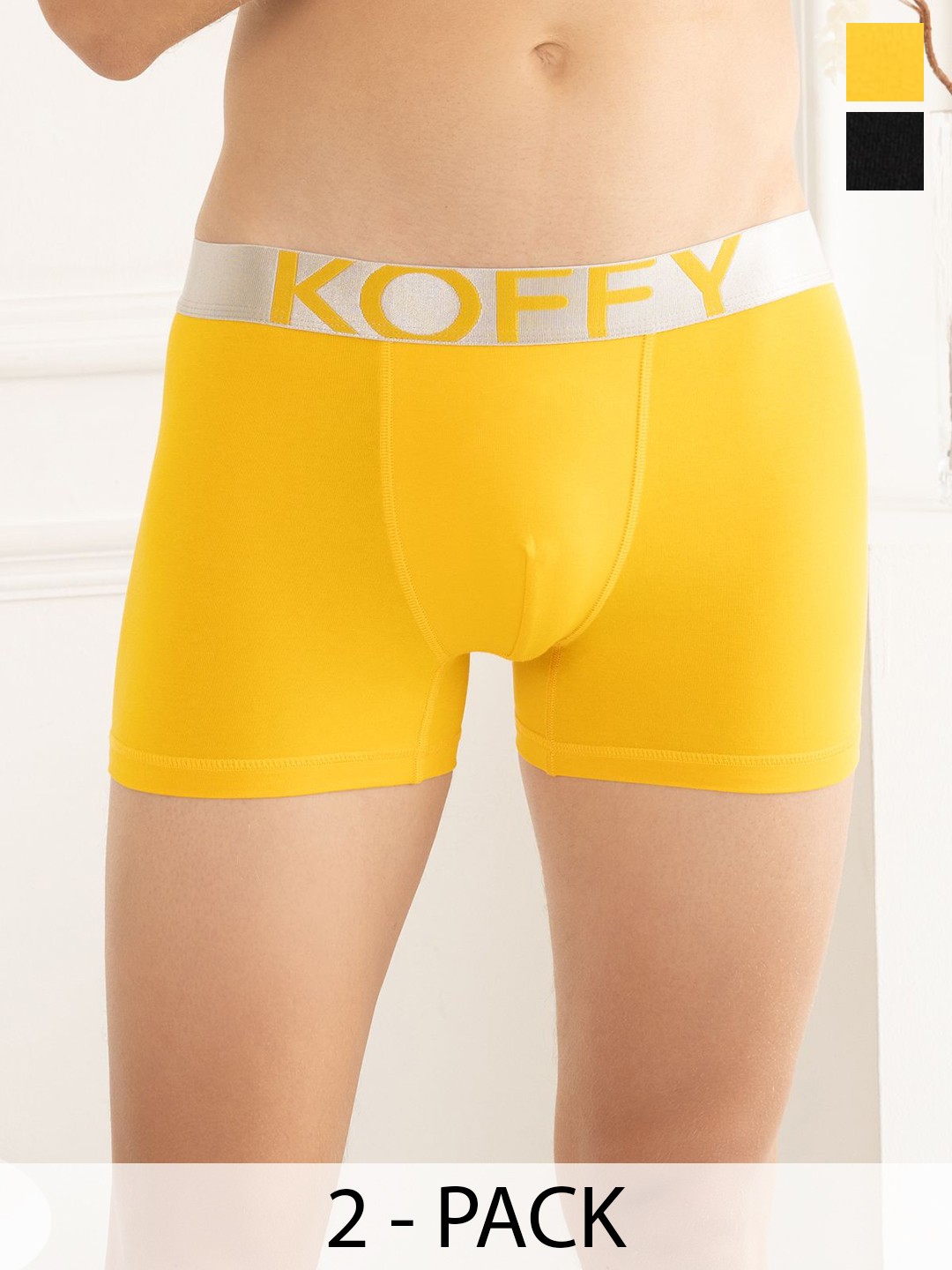 

KOFFY Pack Of 2 Mid Rise Breathability Trunks-KOFFY_KI28_BLK_YLW_2PC, Black