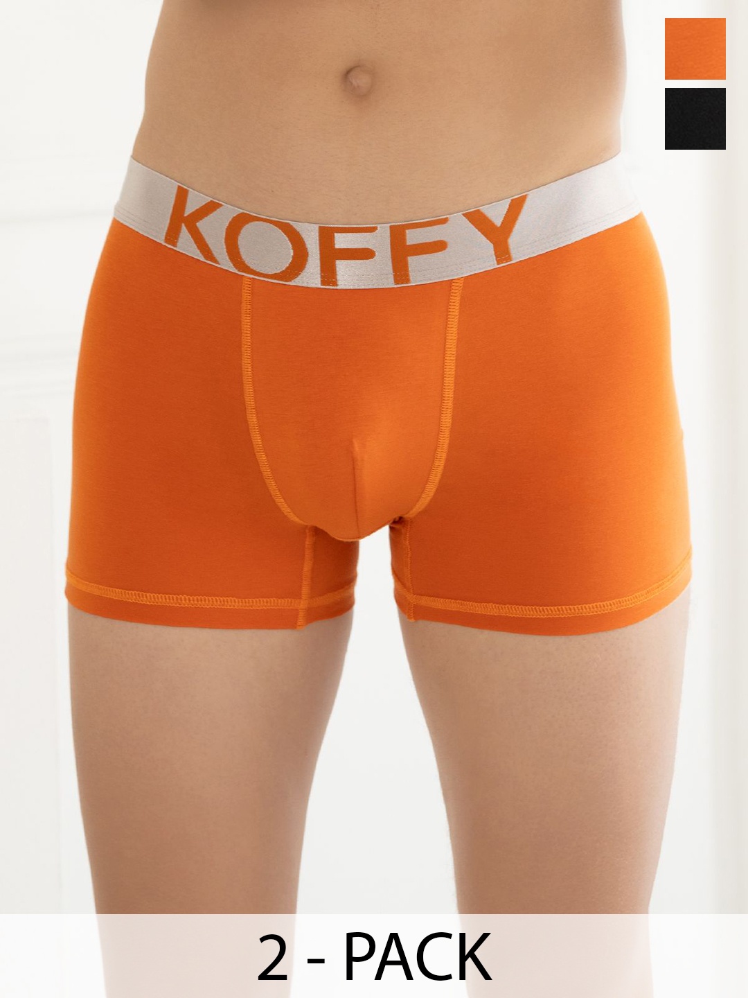 

KOFFY Men Pack Of 2 Mid Rise Breathability Trunks-KOFFY_KI28_BLK_ORG_2PC, Black