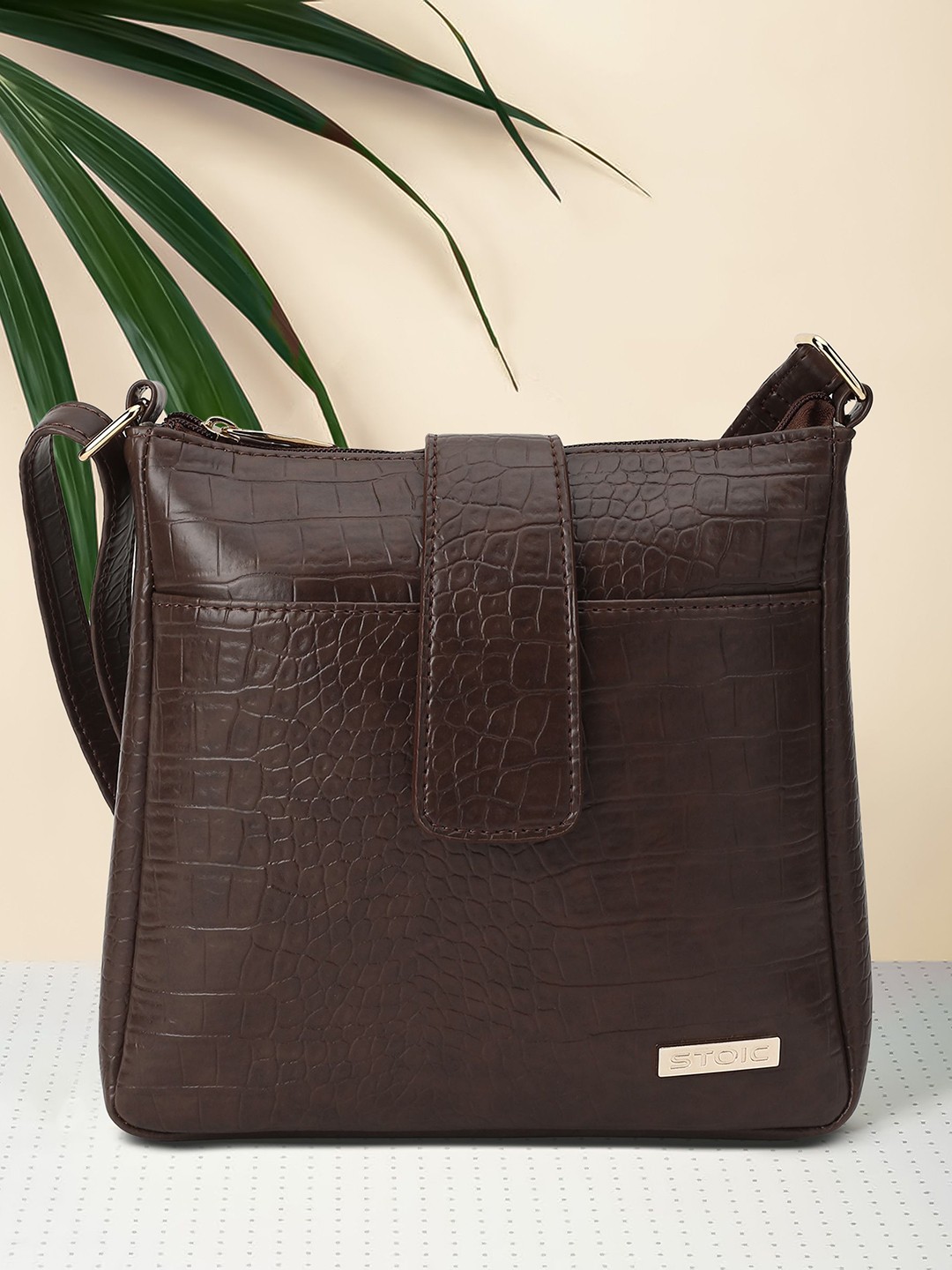 

STOIC Textured Structured Handheld Bag with Cut Work, Brown