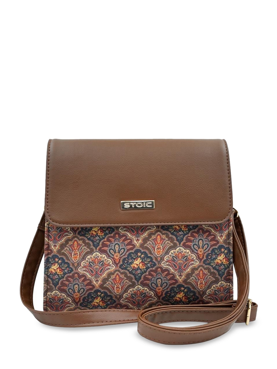 

STOIC Women Geometric Printed Structured Sling Bag with Cut Work, Brown