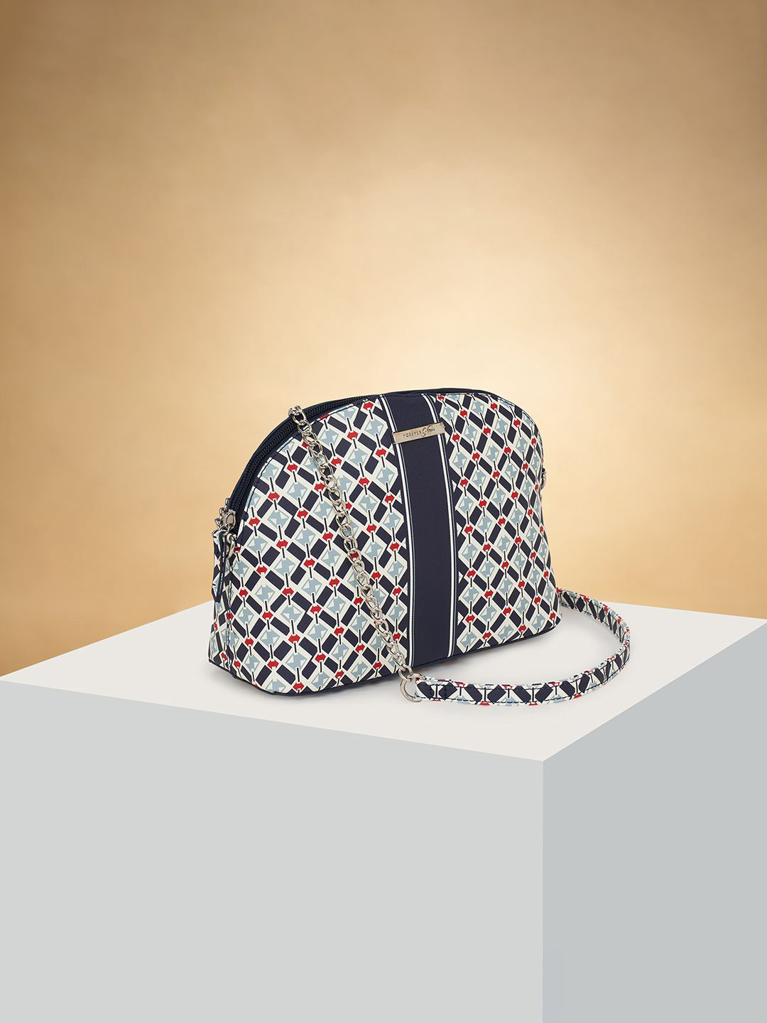 

Forever Glam by Pantaloons Women Geometric Printed PU Structured Sling Bag, Off white