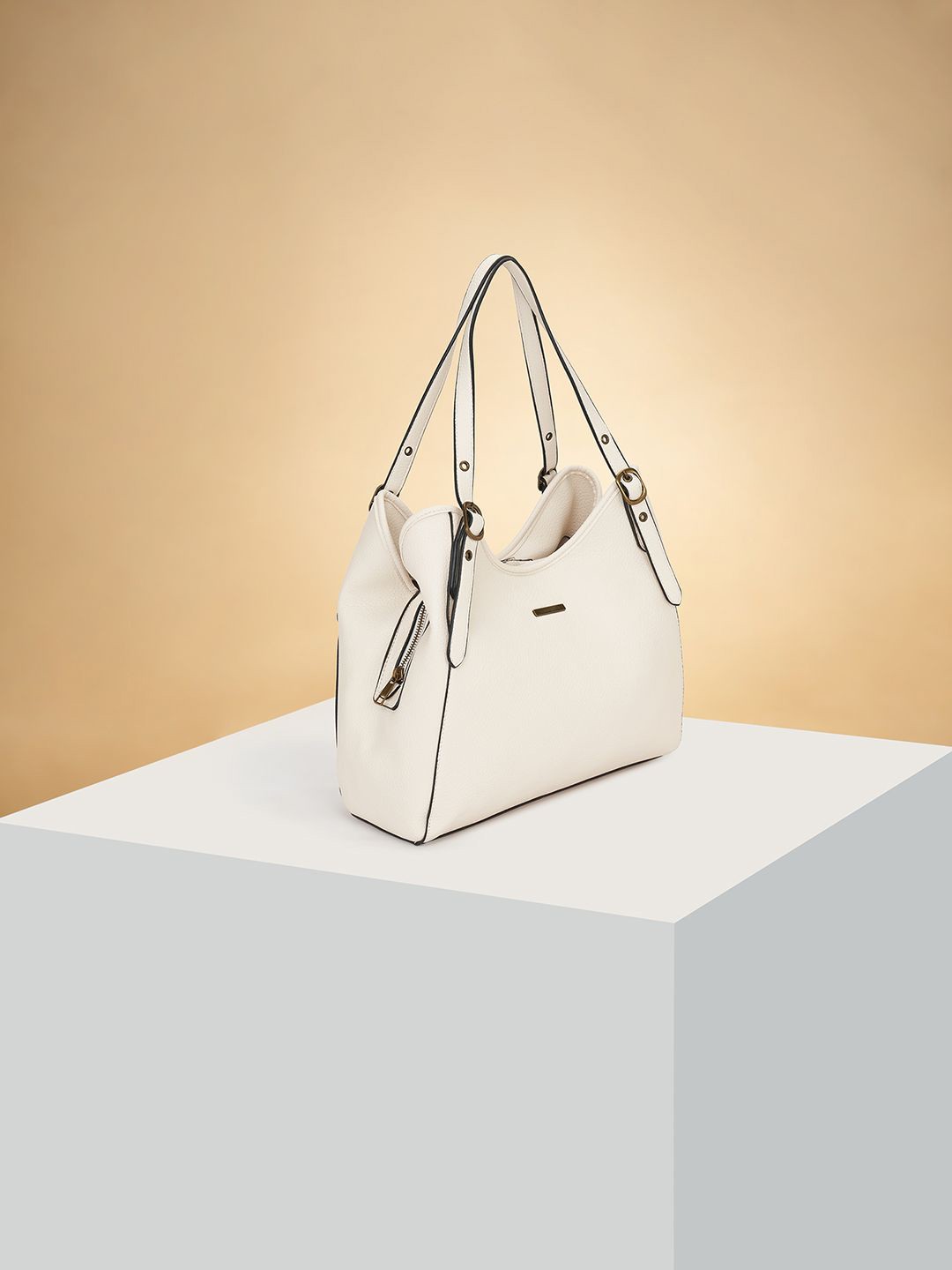 

Forever Glam by Pantaloons Colourblocked PU Oversized Structured Hobo Bag with Cut Work, Off white