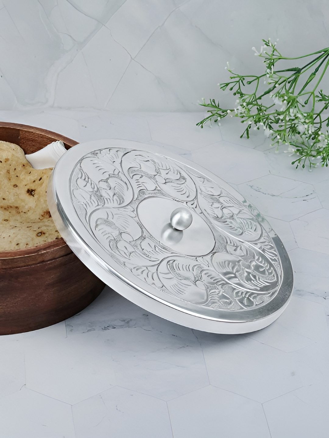 

THE HOME CO. Brown & Silver Toned Wooden Dishwasher Safe Roti Box With Lid