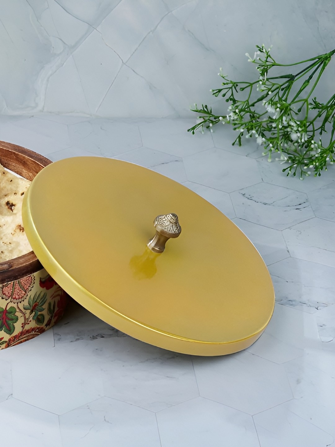 

THE HOME CO. Yellow & Red Floral Printed Wooden Dishwasher Safe Roti Box With Lid & Picker