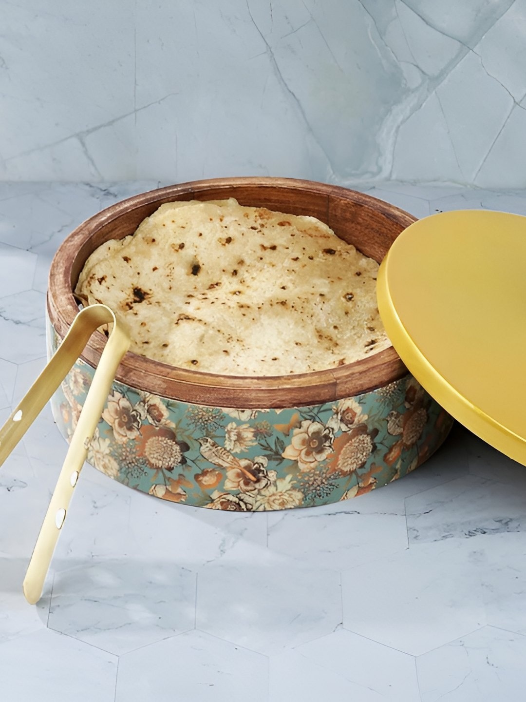 

THE HOME CO. Green & Brown Floral Printed Dishwasher Safe Wooden Roti Box With Lid