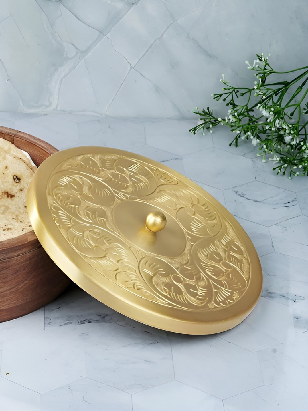 

THE HOME CO. Brown & Gold Toned Wooden Dishwasher Safe Roti Box With Lid