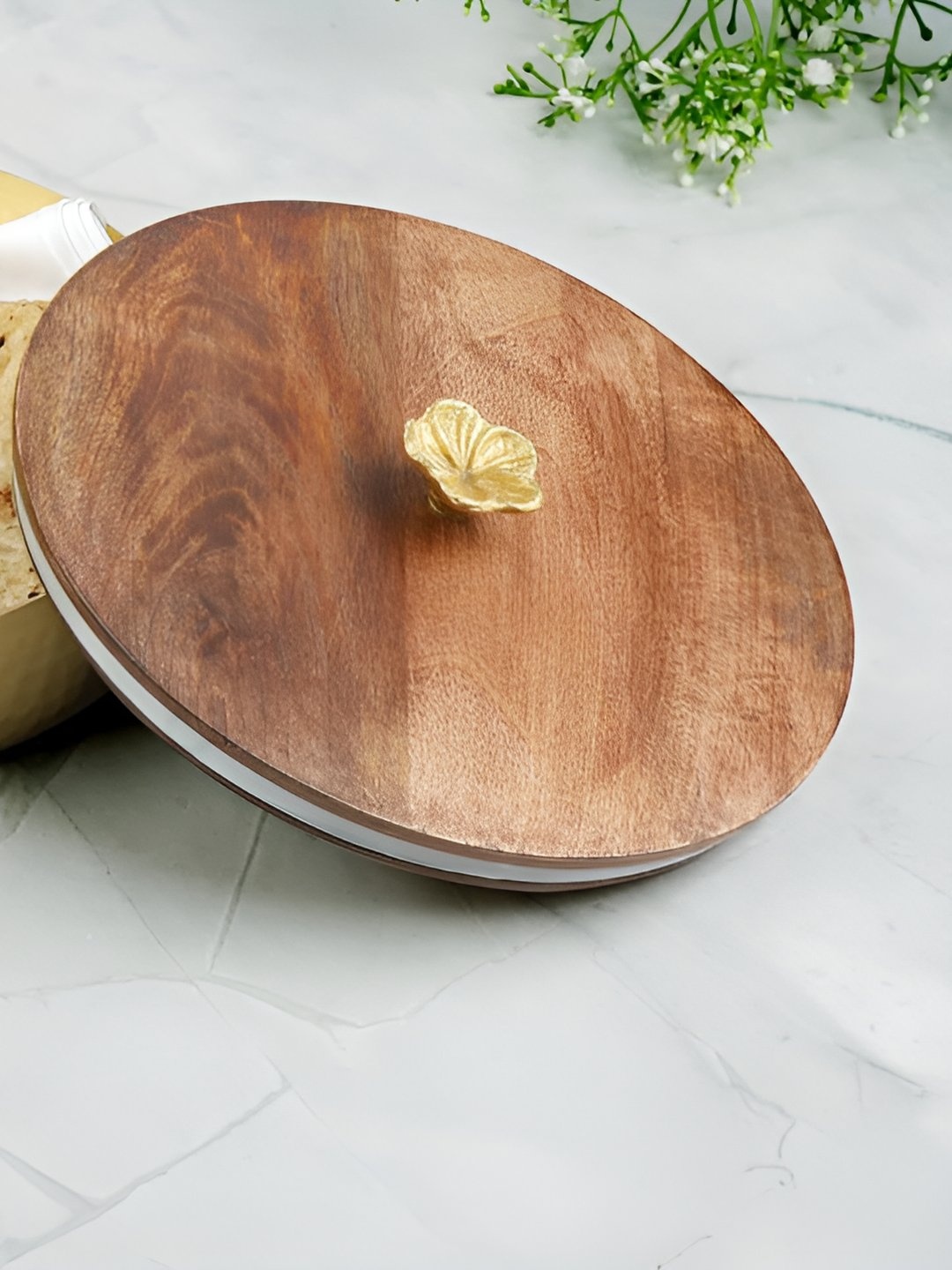 

THE HOME CO. Hammerd Gold Toned & Brown Wooden Roti Box With Lid & Picker