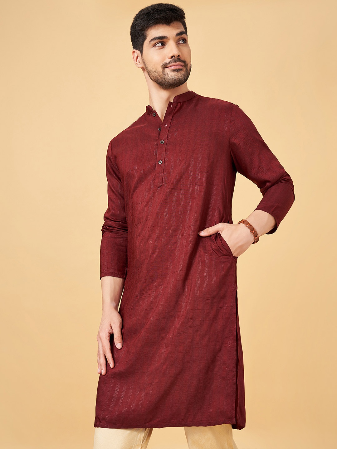 

indus route by Pantaloons Striped Band Collar Straight Kurta, Red