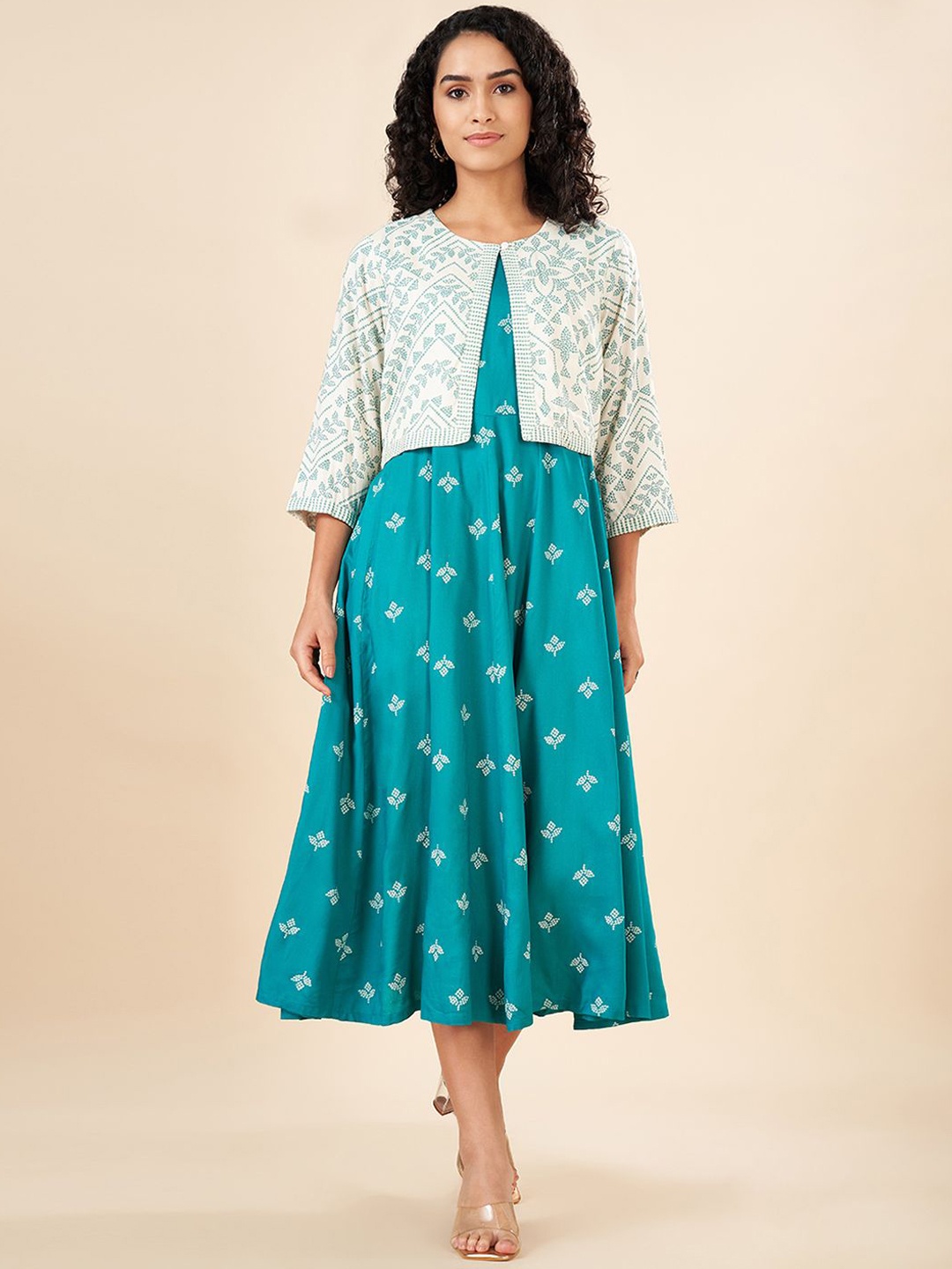 

RANGMANCH BY PANTALOONS Geometric Printed Anarkali Kurta, Teal