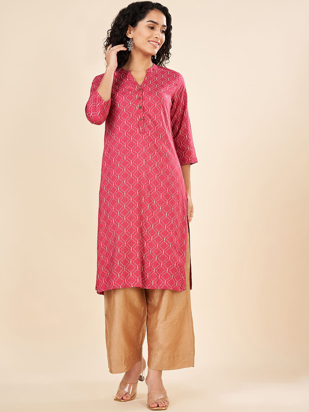 

RANGMANCH BY PANTALOONS Geometric Printed Mandarin Collar Straigth Kurta, Pink