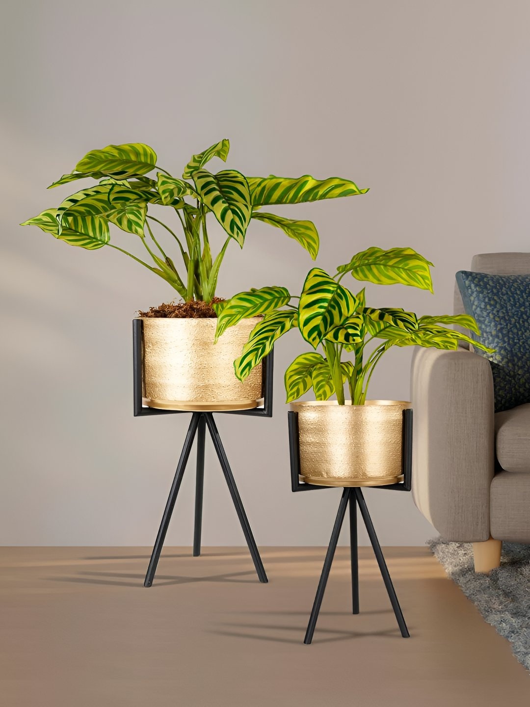 

THE HOME CO. Black & Gold Toned 2 Pieces Metal Planter With Holder