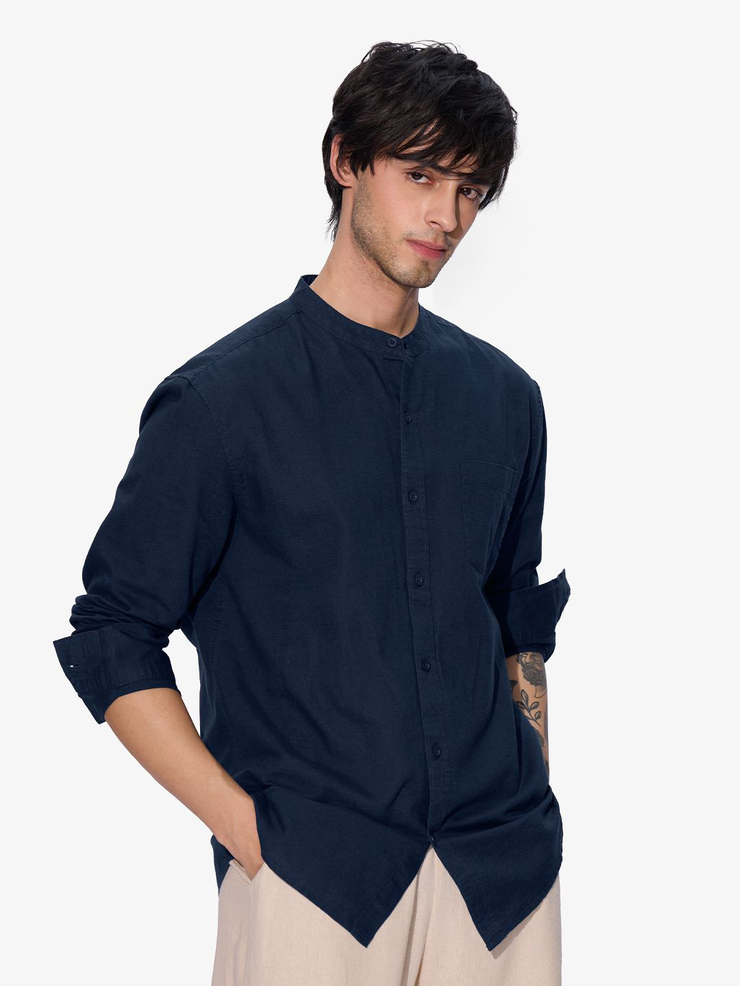 

The Souled Store Men Mandarin Collar Solid Cotton Casual Shirt, Navy blue