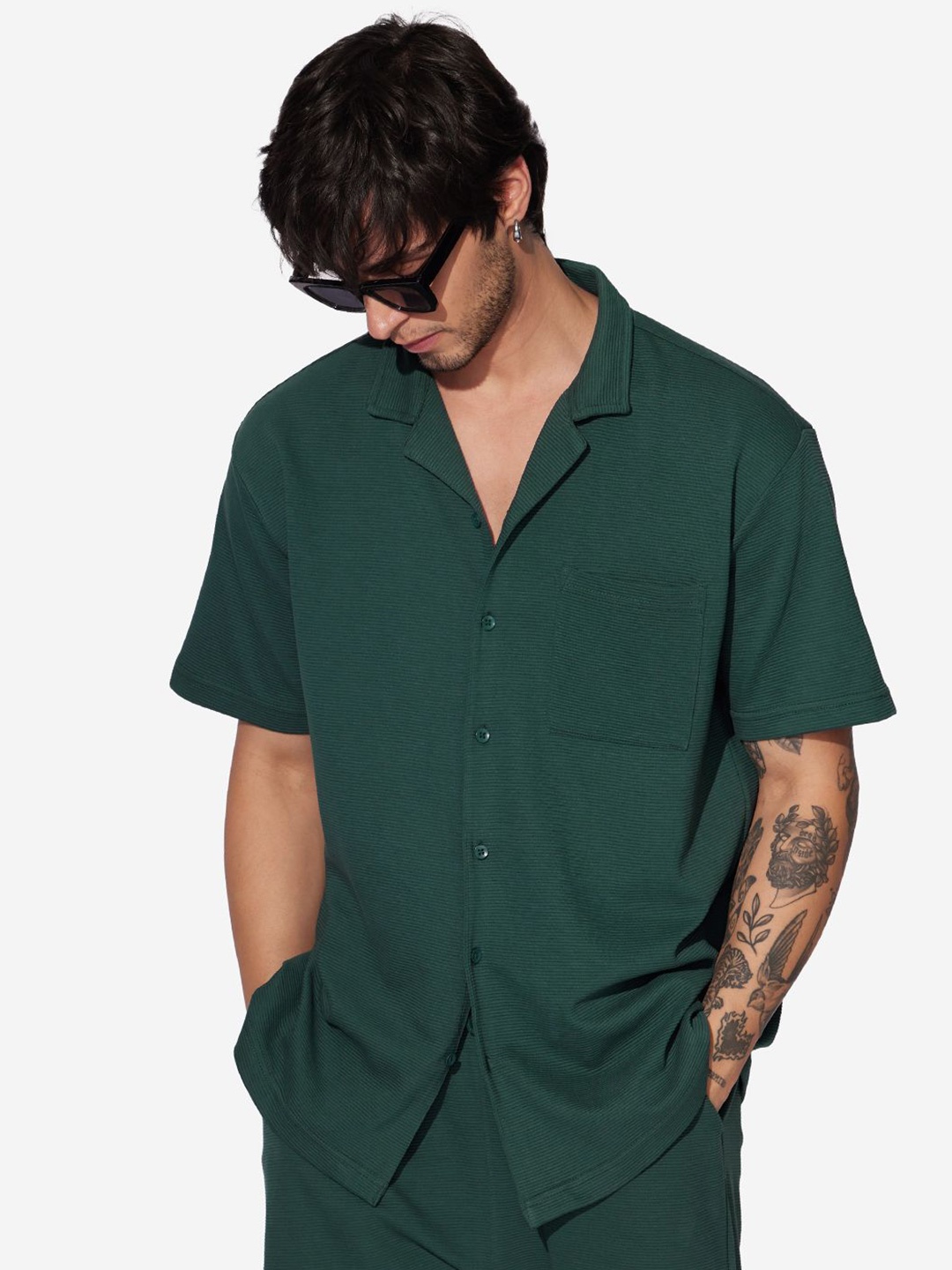 

The Souled Store Men Cuban Collar Textured Solid Cotton Casual Shirt, Green