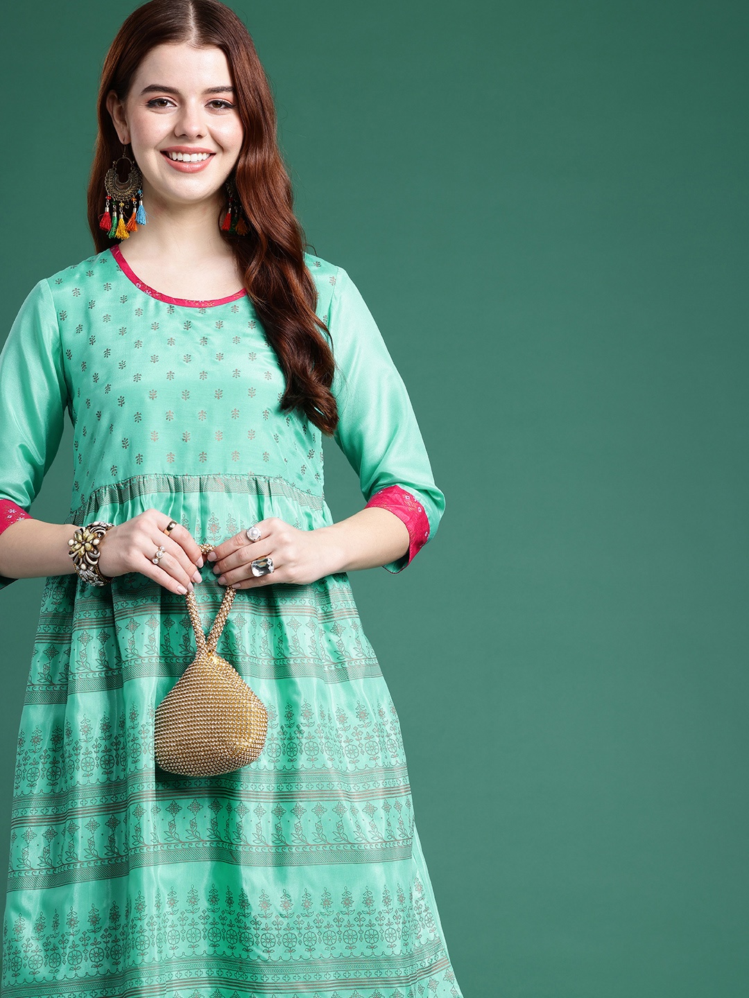 

Sangria Women Indie Floral Foil Printed Anarkali Kurta, Sea green