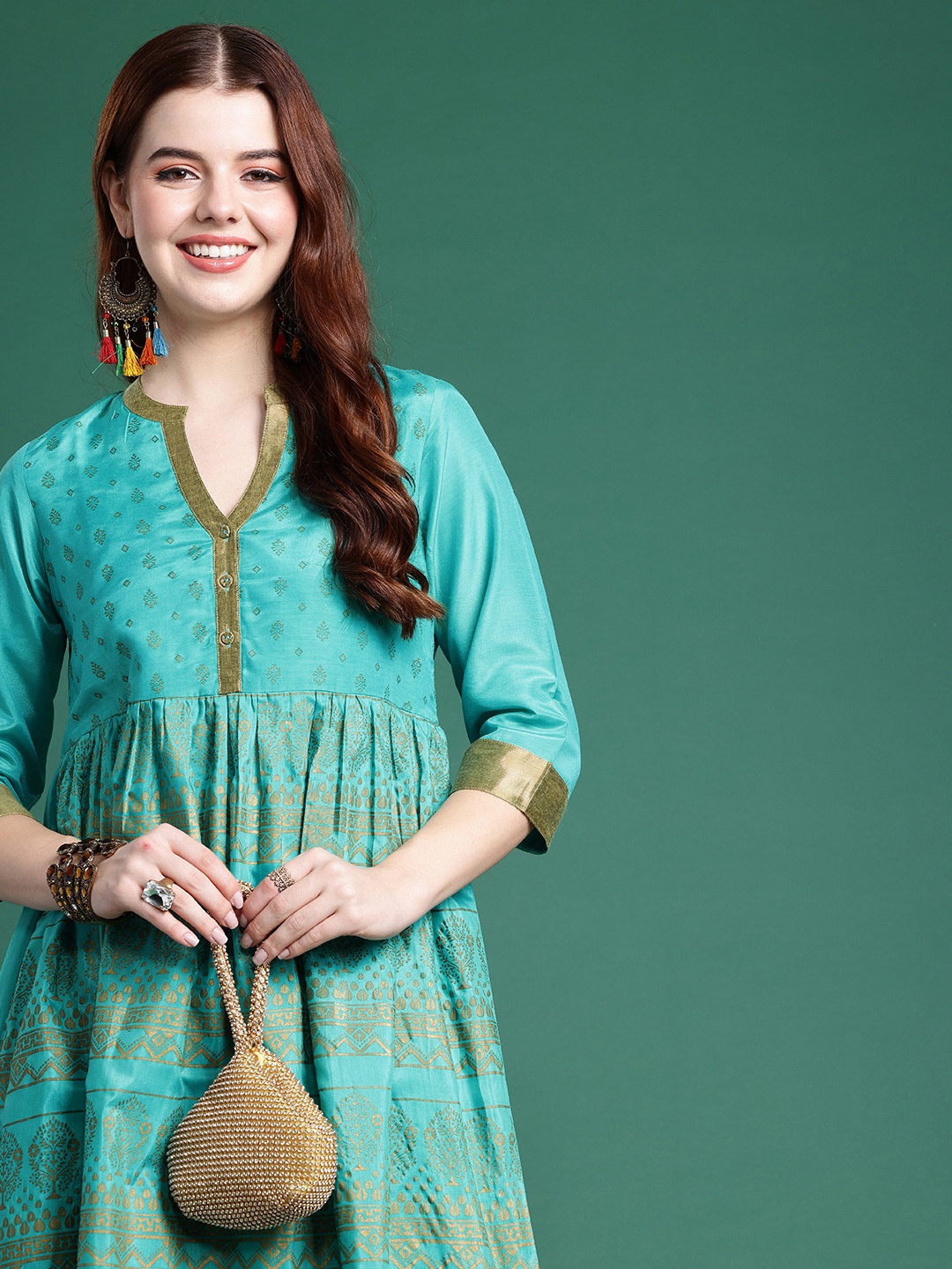 

Sangria Ethnic Motifs Printed Mandarin Collar Kurta, Turquoise blue
