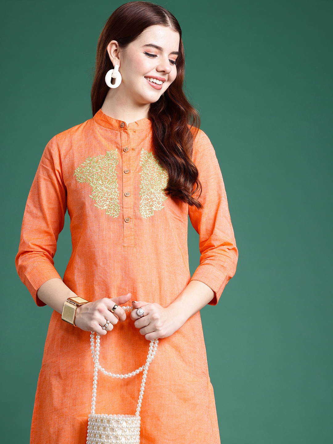 

Sangria Geometric Embroidered Thread Work Kurta, Orange