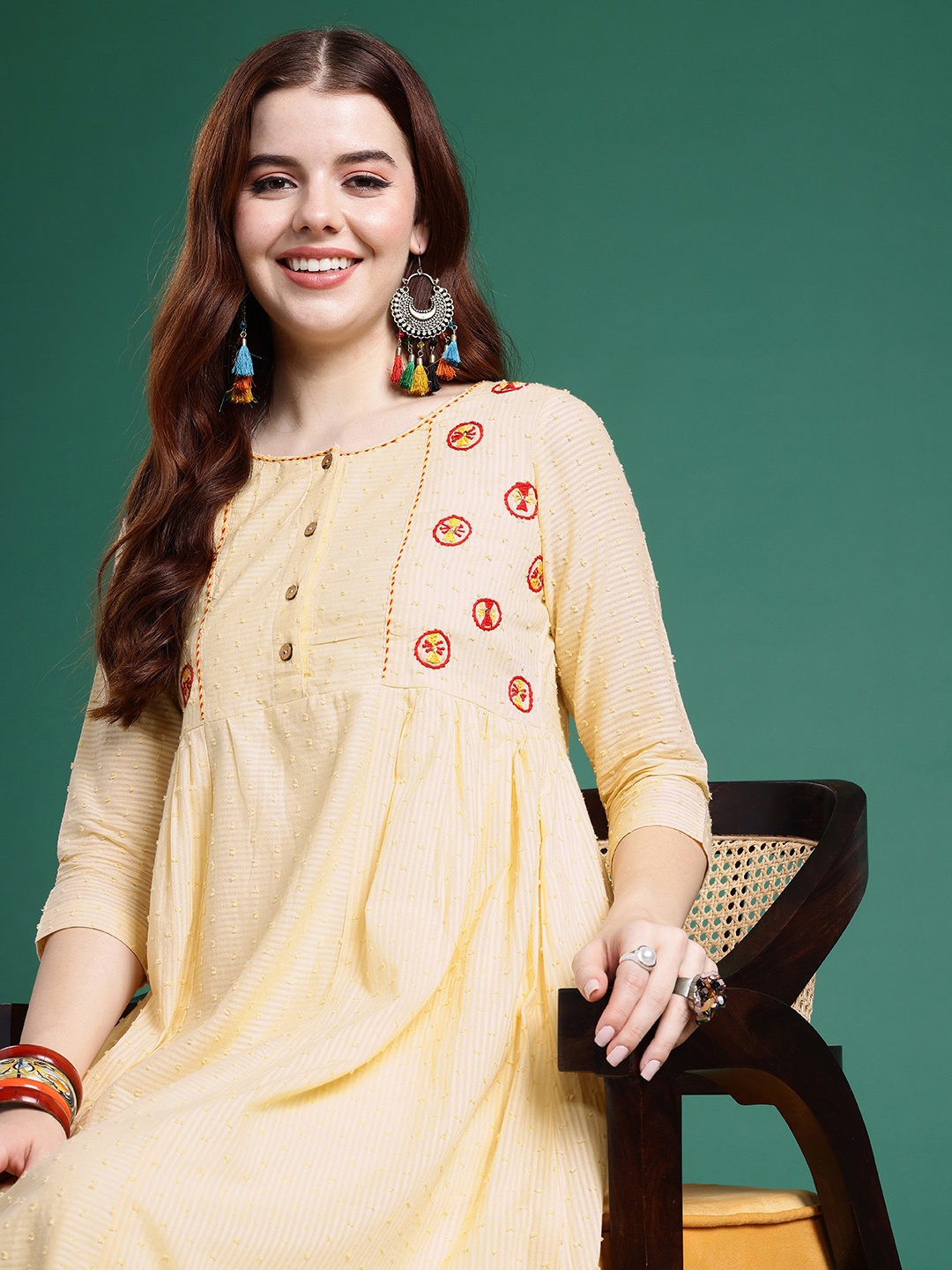 

Sangria Women Embroidered Sequined Dobby Anarkali Kurta, Cream