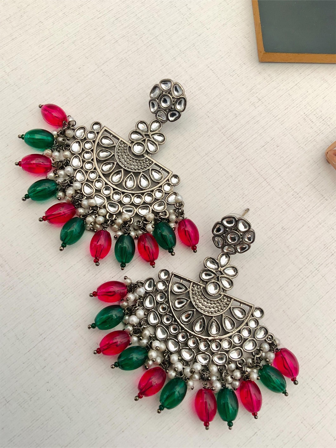 

ABDESIGNS Silver-Plated Stone Studded & Beaded Contemporary Chandbalis