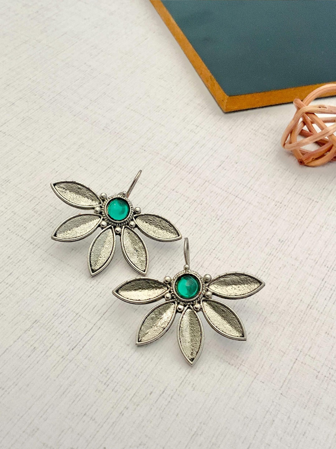 

ABDESIGNS German Silver Stone Studded Contemporary Drop Earrings