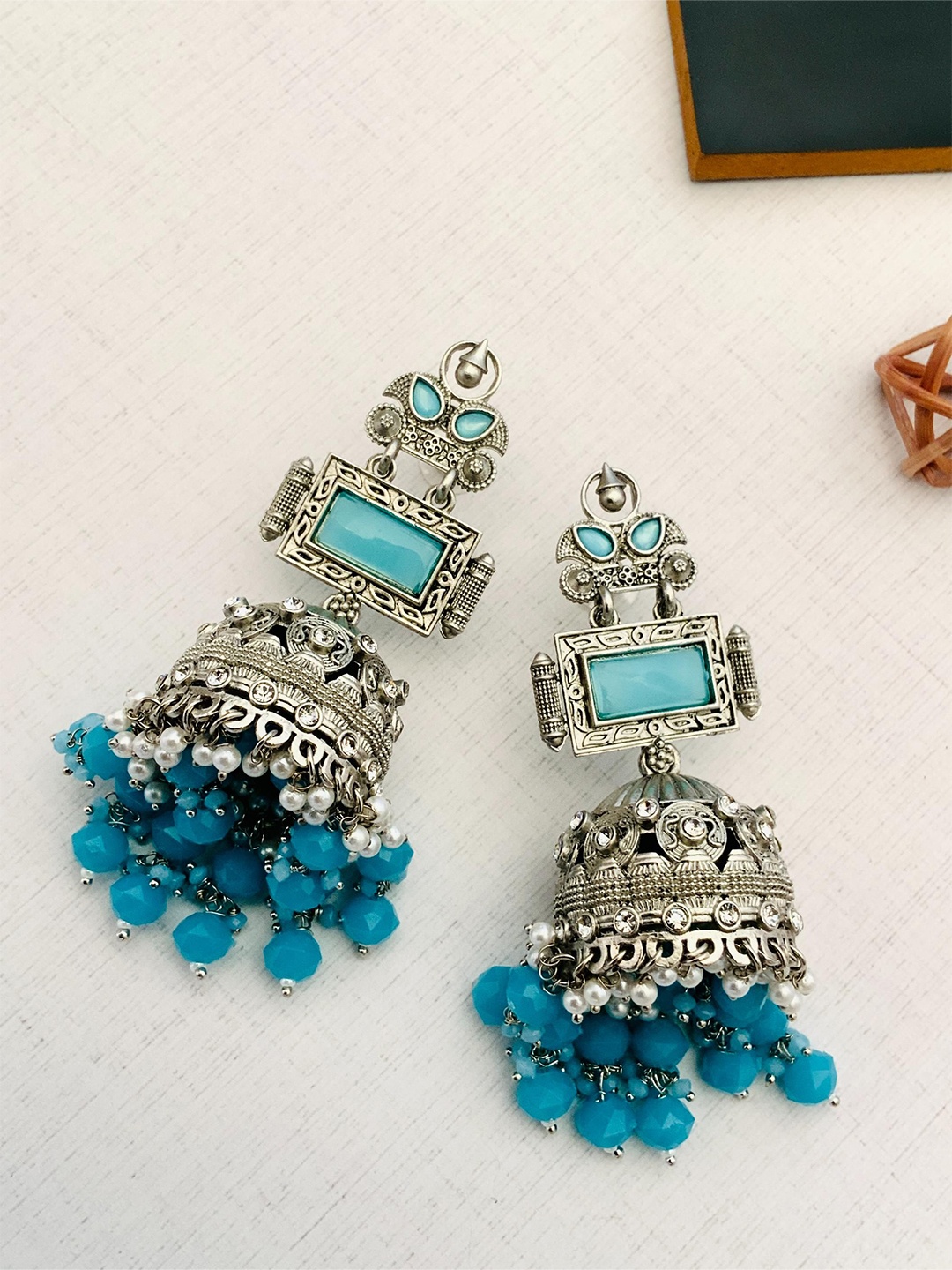 

ABDESIGNS Silver-Plated Stone Studded & Beaded Dome Shaped Jhumkas