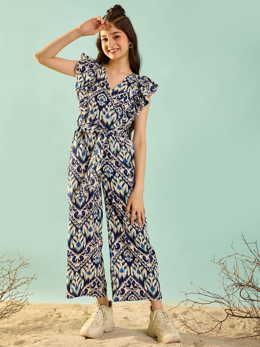 

Cherry & Jerry Girls Printed Flutter Sleeve Waist Tie-Up Basic Jumpsuit, Blue