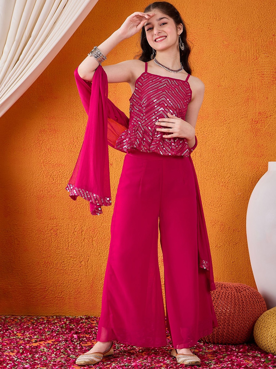 

Cherry & Jerry Girls Embroidered Regular Sequinned Top with Sharara & Dupatta, Magenta