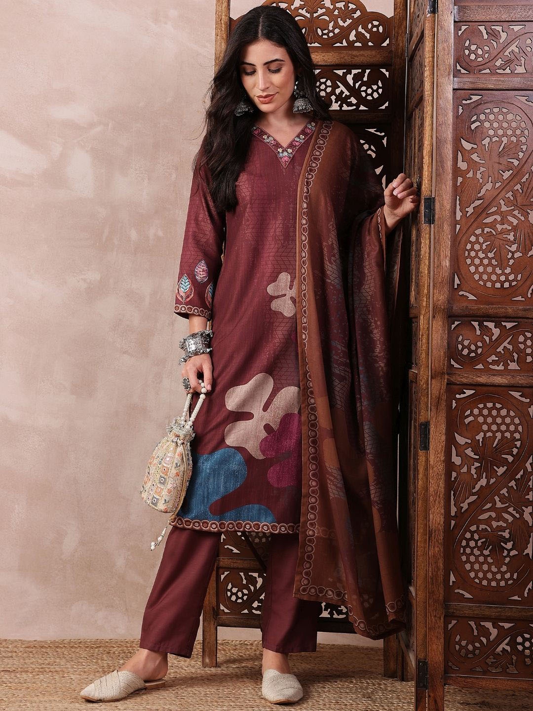 

AHIKA Floral Printed Thread Work V-Neck Straight Kurta with Trouser And Dupatta, Brown