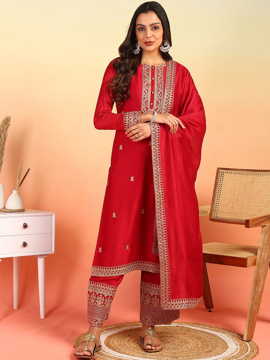 

KALINI Floral Embroidered Round Neck Straight Kurta With Palazzos & Dupatta, Red