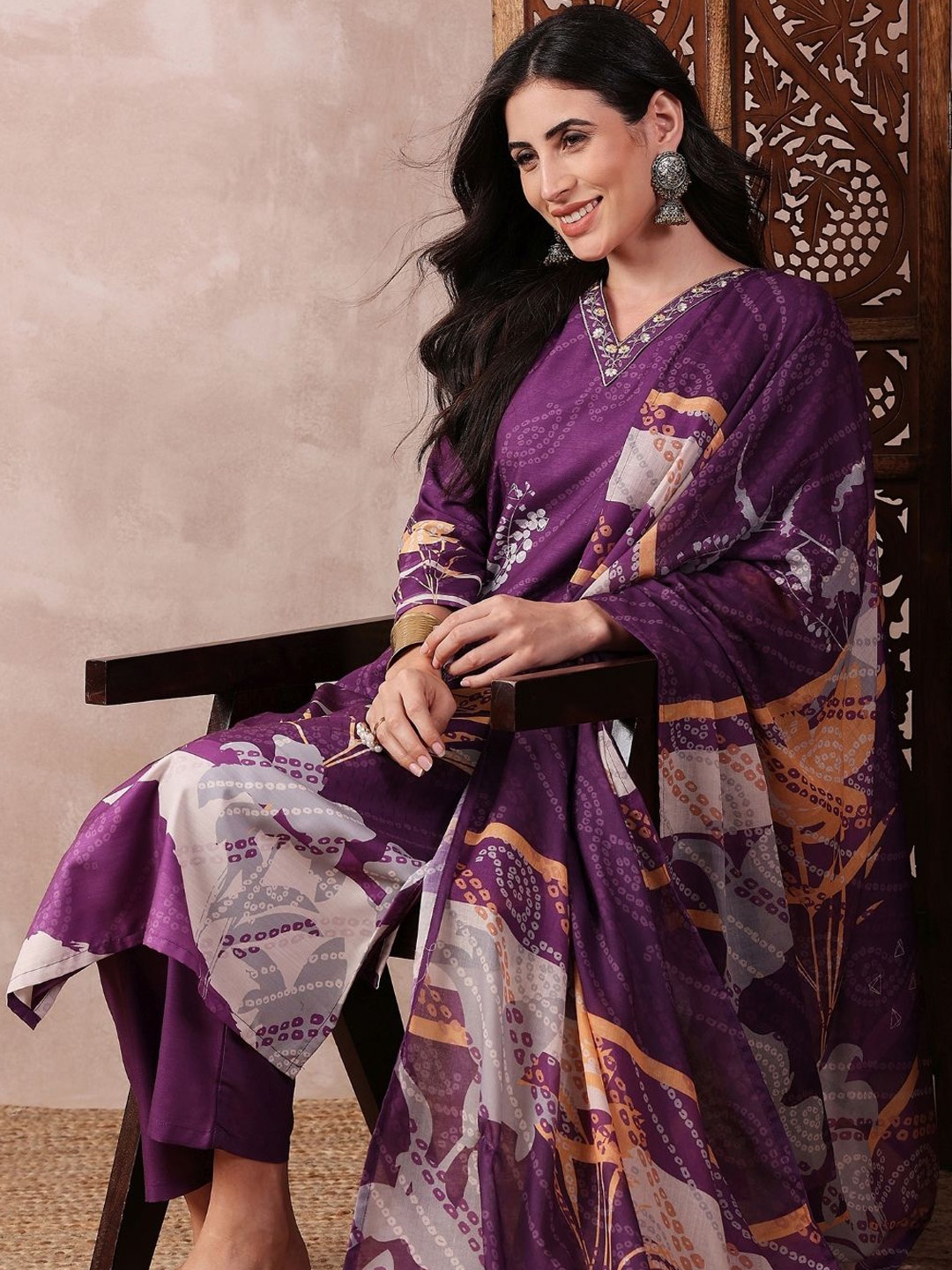 

KALINI Floral Printed Thread Work Straight Kurta with Trousers & Dupatta, Purple