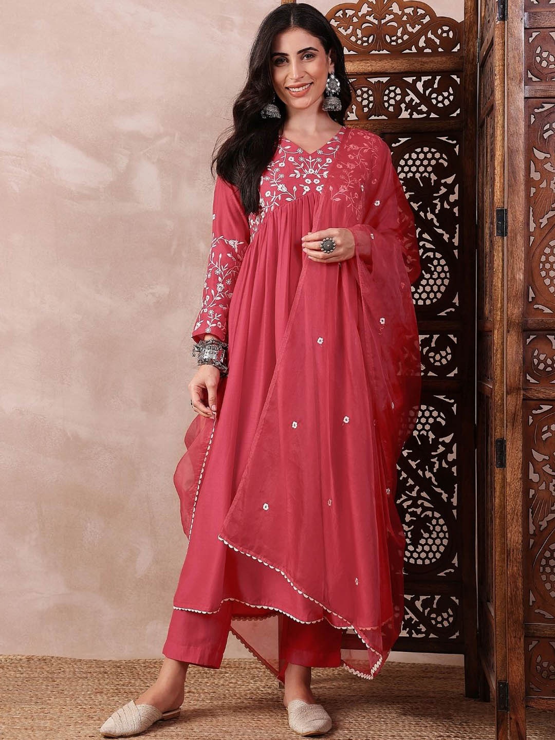 KALINI Floral Embroidered Empire A-Line Kurta With Trousers & Dupatta, Red