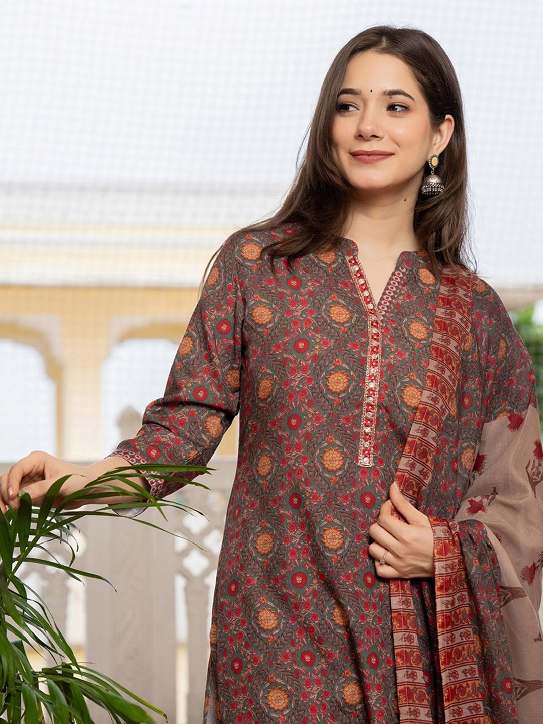

KALINI Floral Printed Sequinned Straight Kurta With Trousers & Dupatta, Green