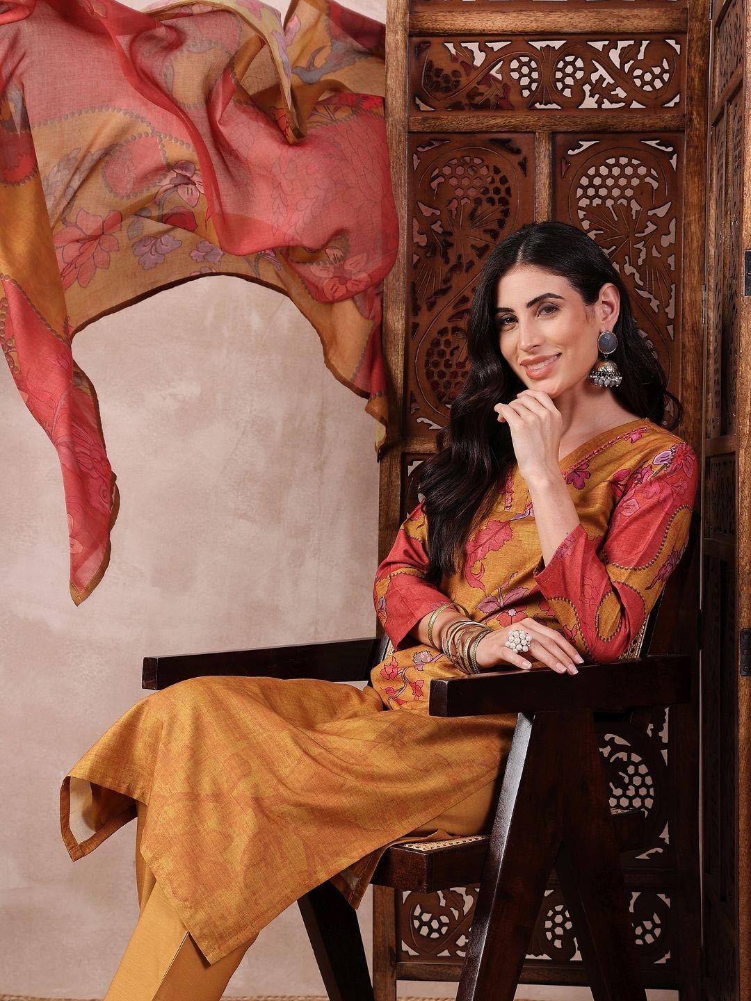 

KALINI Floral Printed Mirror Work Straight Kurta with Trouser And Dupatta, Mustard