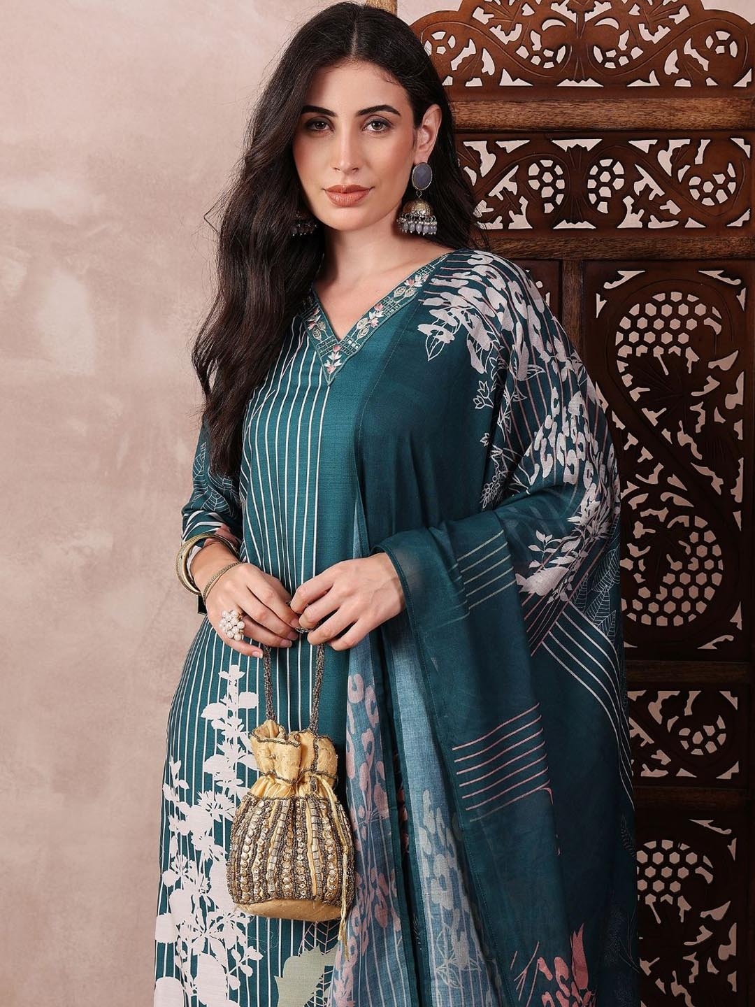 

KALINI Abstract Printed Thread Work Straight Kurta with Trousers & Dupatta, Teal