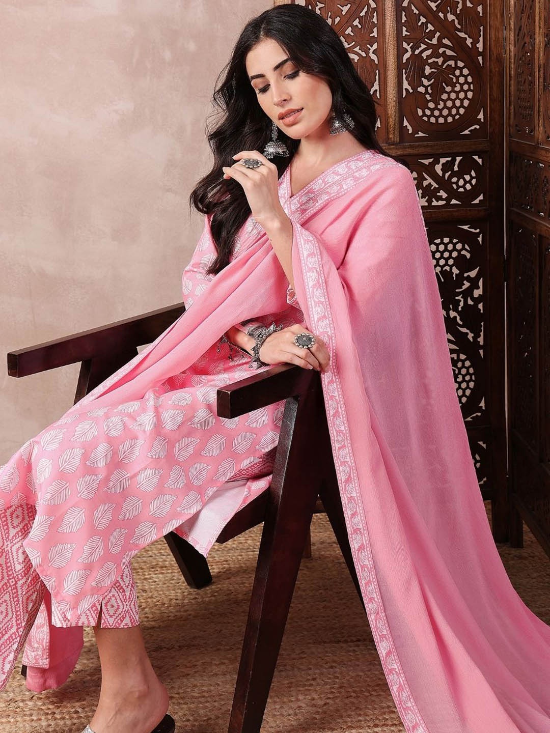 

KALINI Floral Printed V-Neck Straight Kurta with Trousers & With Dupatta, Pink