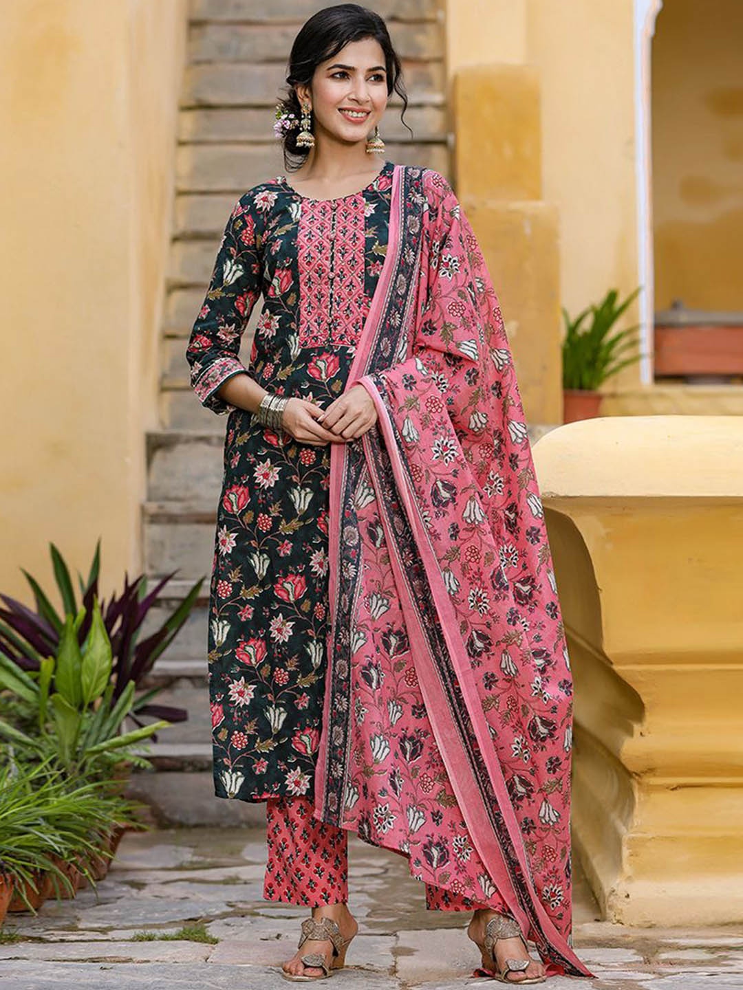 

Anouk Black Floral Printed Straight Kurta with Trousers & Dupatta