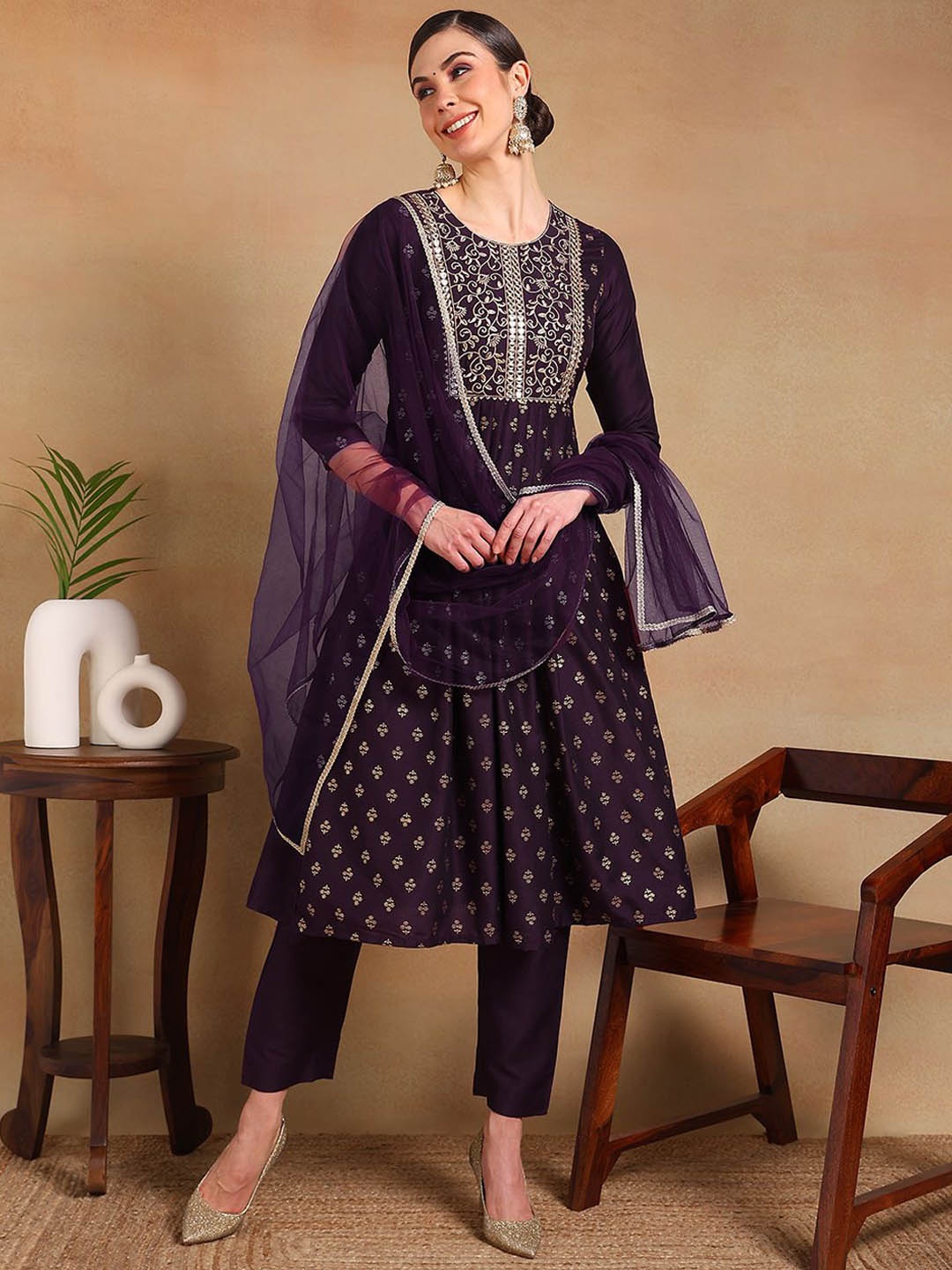 

Anouk Floral Woven Design Empire Mirror Work A-Line Kurta With Trousers & Dupatta, Purple