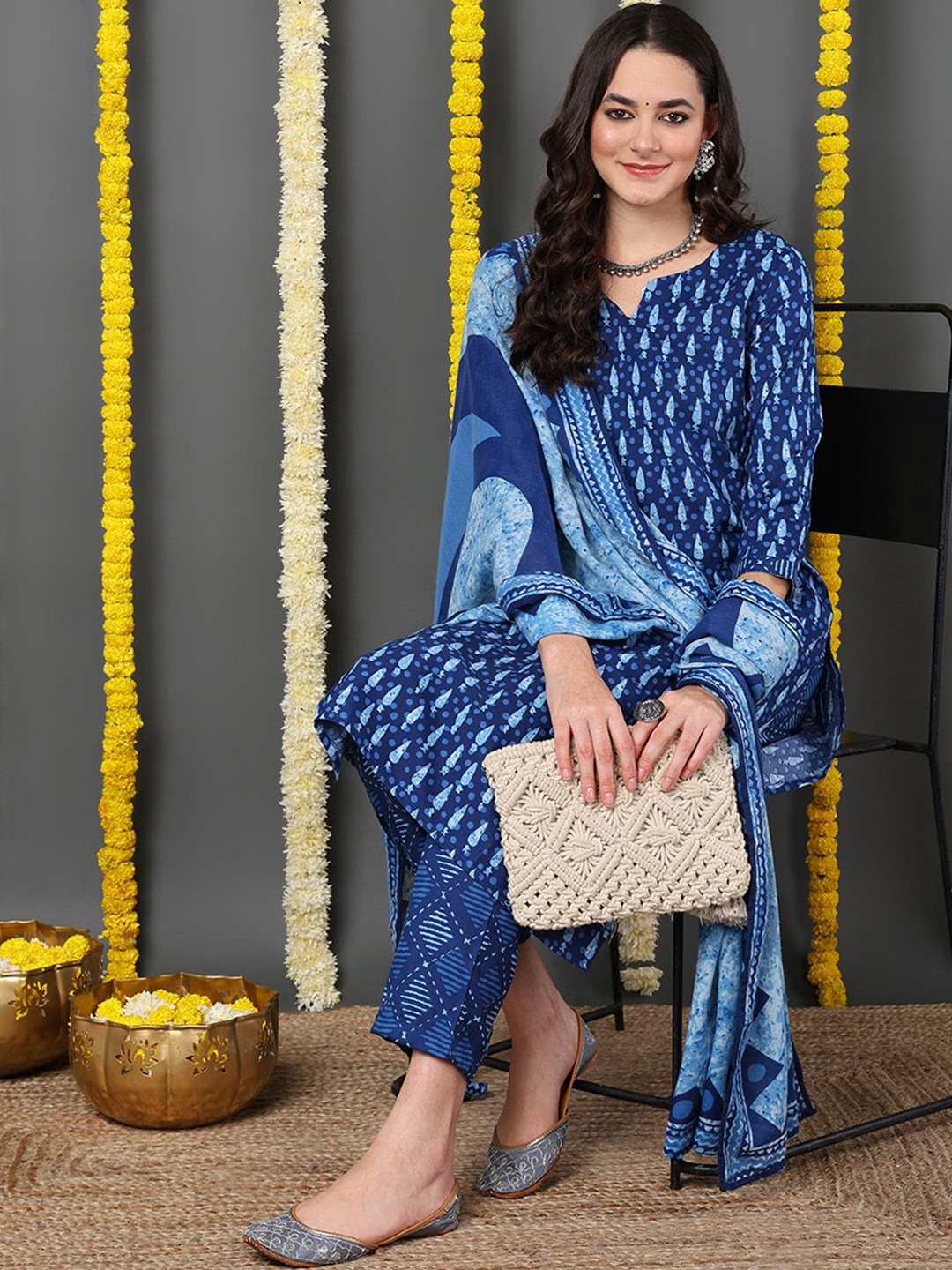 

Anouk Ethnic Motifs Printed Notch Neck Straight Kurta With Trousers & Dupatta, Blue