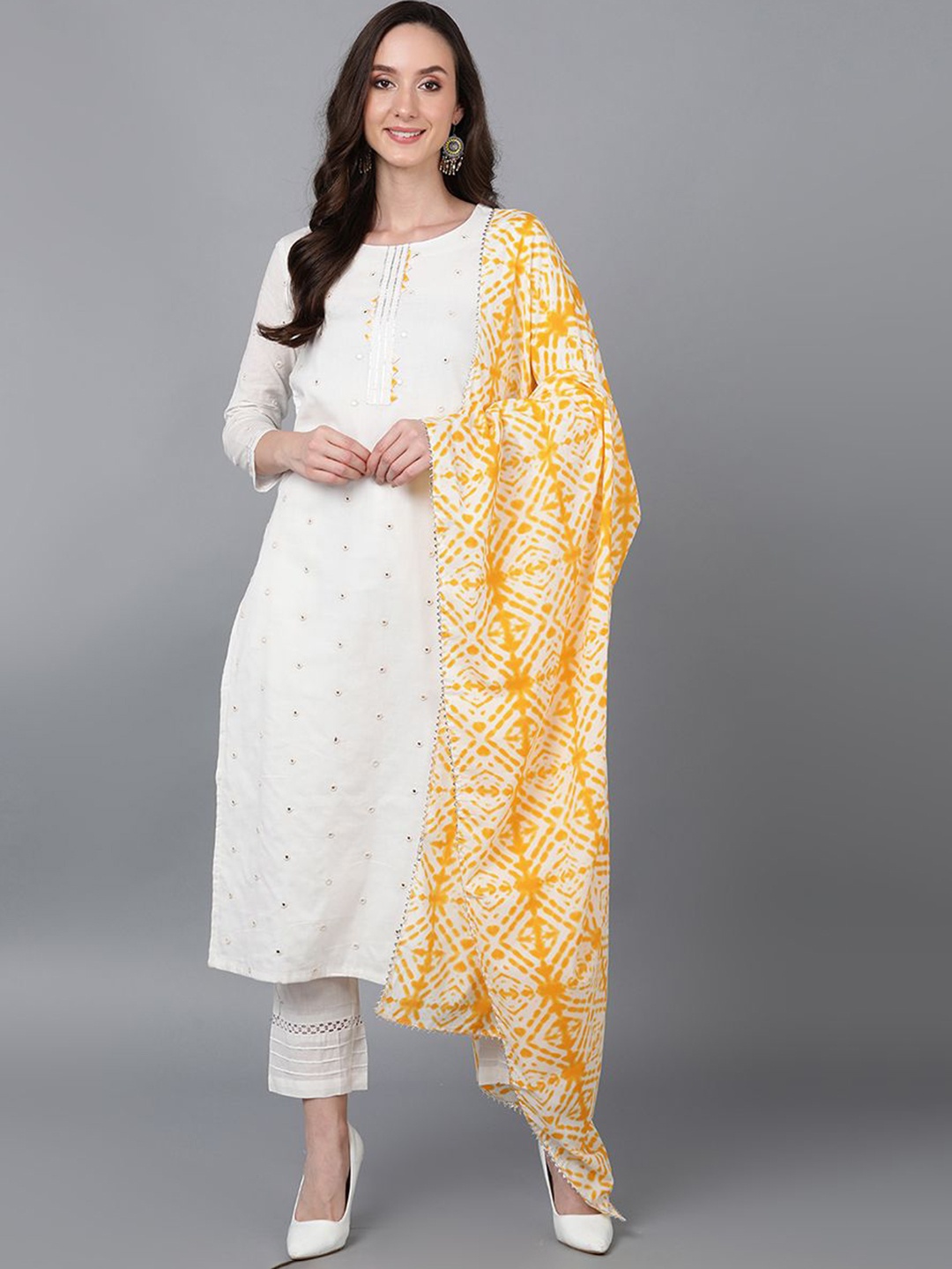 

Anouk Geometric Embroidered Mirror Work Straight Kurta With Trousers & Dupatta, Yellow