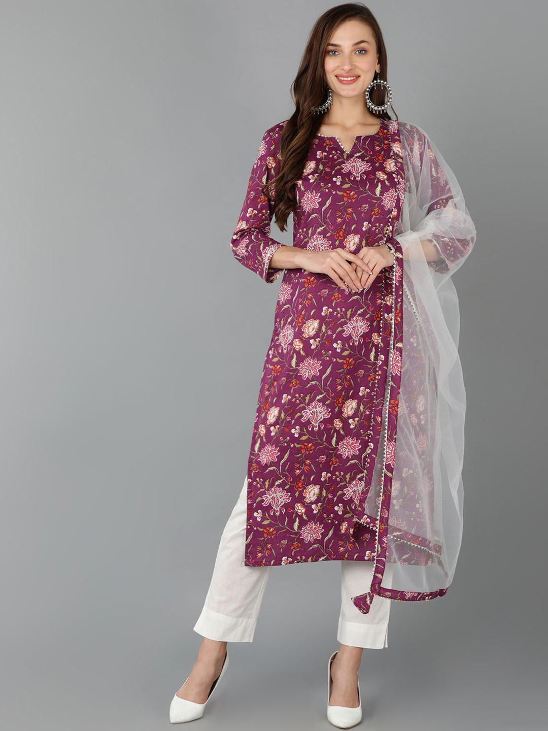 

Anouk Purple Floral Printed Gotta Patti Straight Kurta with Trousers & Dupatta